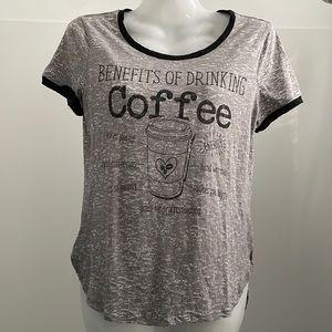 NEW 2Kuhl Benefits of Drinking Coffee Lover Baby Tee Ringer Graphic Shirt Grey S